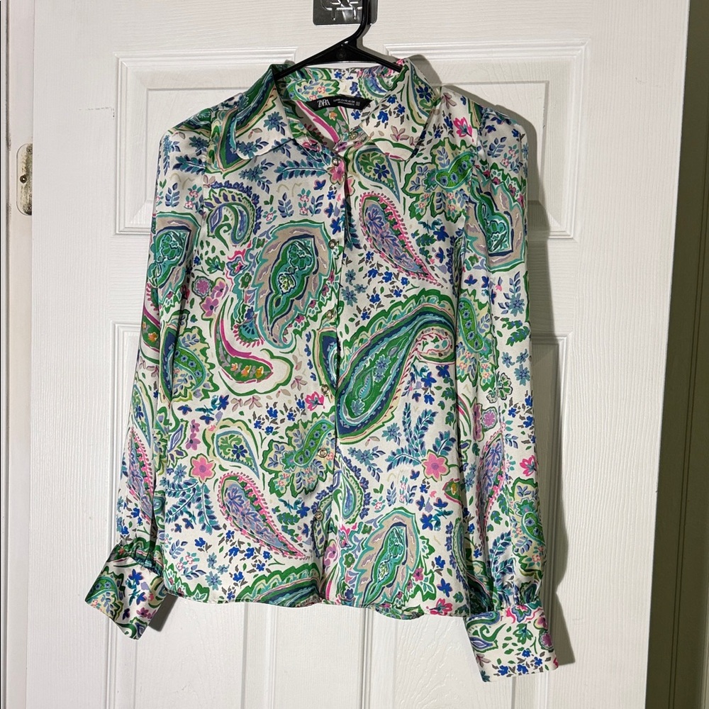 Zara Paisley Button-Down Shirt in White, Green, Blue and Pink